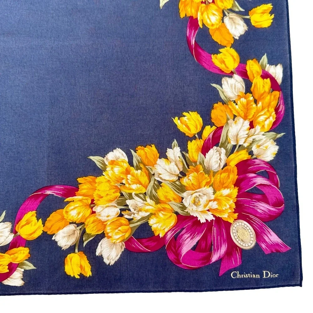 Dior Navy Silk Scarf Yellow Tulip Magenta Ribbon